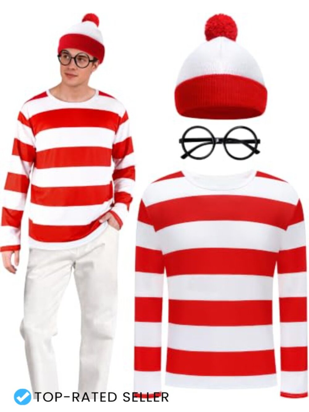 Adult Halloween Costume Set Long Sleeve Striped Shirt Hat Glasses Cosplay